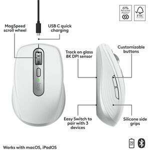 Logitech MX Anywhere 3S for Mac, Compact Wireless Bluetooth Mouse, 8K DPI Any-Surface Tracking, Quiet Clicks, USB C, Pale 