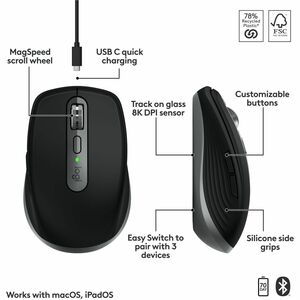 Logitech MX Anywhere 3S for Mac, Compact Wireless Bluetooth Mouse, 8K DPI Any-Surface Tracking, Quiet Clicks, USB C, Space