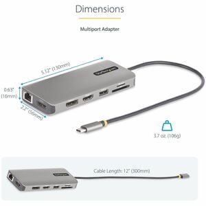StarTech.com USB-C Triple-Monitor Multiport Adapter, Dual 4K 60Hz + 4K 30Hz HDMI & DP, 4x USB-A, 100W PD Pass-Through, GbE