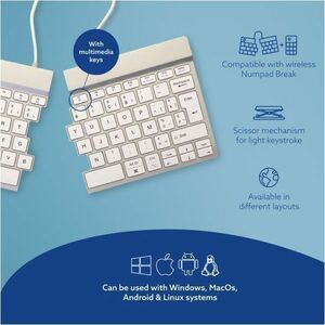 R-Go Split Break Keyboard - Wireless Connectivity - USB Type C Interface - Belgian - AZERTY Layout - White - Scissors Keys