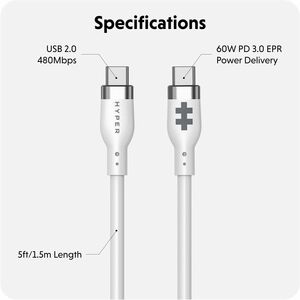 Hyper HyperJuice HJ4011WHGL 1.50 m USB-C Data Transfer Cable - Cable for USB Charger, USB Device, MacBook, iPhone - First 