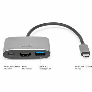 Rocstor Type-C to HDMI/USB-A/Type-C Data or PD3.1 Charging - for Monitor, Projector, Notebook - Charging Capability - USB 