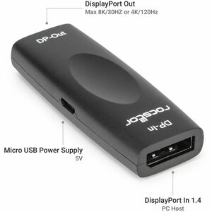 Rocstor TrueReach 8K/4K DisplayPort 1.4 Extender Repeater Max 65ft (20m) - 65.62 ft Extended Range - Black