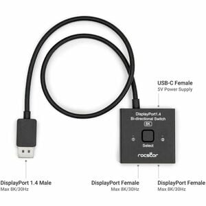 Rocstor Premium DisplayPort1.4 Bi-directional Switcher for 8K - 4K, 8K - 7680 x 4320 - 3 x DisplayPort