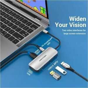 Vention USB Hub - USB Type C - 640 MB/s - Notebook, Desktop, Mouse, Keyboard, Printer, Projector, Flash Drive, TV - Grey -