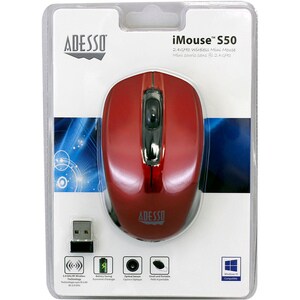 Adesso iMouse S50R Mouse - Radio Frequency - USB - Optical - 3 Button(s) - Red - Wireless - 2.40 GHz - 1200 dpi - Scroll W
