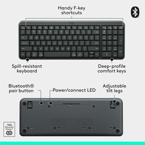 Logitech K250 Bluetooth Keyboard with Numpad, Easy Connectivity, Compact Wireless Keyboard made with Recycled Plastic, Spi