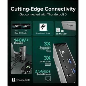 Plugable Thunderbolt 5 Dock - 140W Power Delivery, Up to Dual 6K@60Hz for Mac, Up to Dual 8K for Windows - Supports 80/120