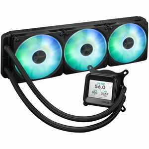 ASUS Prime LC ARGB LCD all-in-one CPU liquid cooler with sharp screen showcasing CPU & GPU information with different back