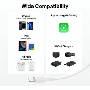 Belkin USB-C Cable with Lightning Connector, 3.3ft/1m, White - 3.3 ft (1 m) Lightning/USB-C Data Transfer Cable for iPhone