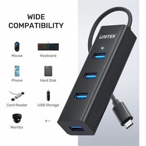Unitek USB Hub - USB Type C - 640 MB/s - Smartphone, Flash Drive - Portable - Black - 4 Total USB Port(s) - 4 USB 3.0 Port