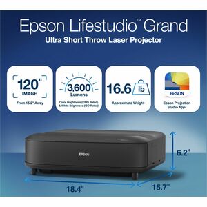 Epson Lifestudio Grand Ultra Short Throw Laser Projector - 16:9 - Tabletop - Black - High Dynamic Range (HDR) - 1920 x 108