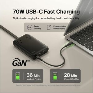 Belkin 2-Outlet Charging Station w/ 2x USB-A, 1x USB-C Ports + Tethered USB-C Cable 70W - 5ft Cord - Black - 70 W - 4.92 f