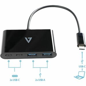 V7 V7UC2A2CHUB-BLK USB Hub - USB Type C - 5 GB/s - Smartphone, Notebook - Black - 4 Total USB Port(s) - PC, Mac