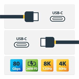 StarTech.com CC50CM80GUSB4CABLE. Kabellänge: 0,5 m. Anschluss 1: USB C, Anschluss 2: USB C, USB Version: USB4 Gen 4x2, Max