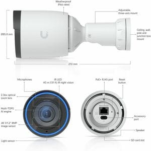 Ubiquiti UniFi G6 Pro 8 Megapixel 4K Network Camera - Colour - Bullet - White - 40 m Infrared Night Vision - 3840 x 2160 -
