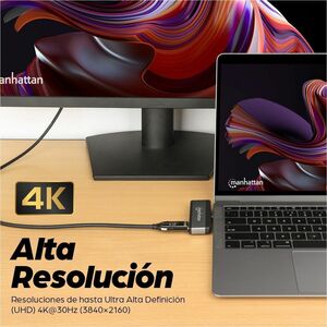Manhattan USB-C Travel Dock/Hub, Ports (x4): HDMI, USB-A, USB-C and 3.5mm audio, With Power Delivery (100W) to USB-C Port,