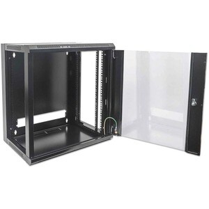 Network Cabinet, Wall Mount (Standard), 9U, 600mm Deep, Black, Flatpack, Max 60kg, Metal & Glass Door, Back Panel, Removea