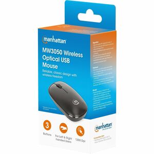 MW3050 Wireless Optical Mouse, Black, 1200dpi, 2.4Ghz (up to 10m), USB, Ambidextrous, Three Button with Scroll Wheel, USB-