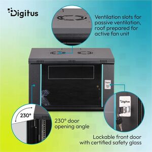Digitus Dynamic-N 7U Wandmontierbar Geschlossener Schrank Rackschrank für Networking, Server - Schwarz - Stahl, Glas, Blec