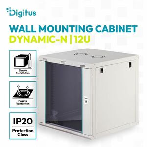 Digitus Dynamic-N 12U Wandmontierbar Geschlossener Schrank Rackschrank für Networking, Server - Hellgrau - Stahl, Glas, Bl