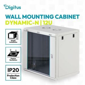 Digitus Dynamic-N 12U Wall Mountable Enclosed Cabinet Rack Cabinet for Networking, Server - Light Grey - Steel, Glass, She