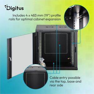 Digitus Dynamic-N 12U Wandmontierbar Geschlossener Schrank Rackschrank für Networking, Server - Schwarz - Stahl, Glas, Ble