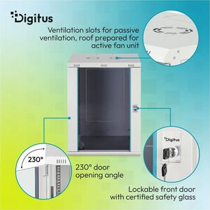 Digitus Dynamic-N 16U Wandmontierbar Geschlossener Schrank Rackschrank für Networking, Server - Hellgrau - Glas, Stahl, Bl