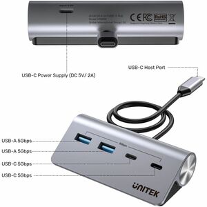 Unitek uHUB H1337A USB Hub - USB Type C - 640 MB/s - Desktop, Notebook, Flash Drive, Printer - Space Gray - 4 Total USB Po