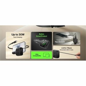 Belkin BoostCharge 30 W Auto Adapter - Universal Adapter - For iPhone, iPad Air, iPad Pro, MacBook Pro - 70 cm Cable - 12 