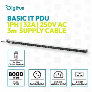 Digitus PDU - Basic - 24 x IEC 60320 C13, 2 x IEC 60320 C19 - 32 A - 230 V AC Input - Overload Protection - 0U - 3 m Cord 