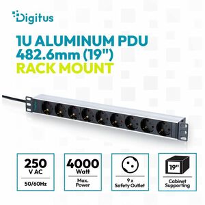 Digitus 1U Aluminum PDU, rackmountable, 9x Safety outlet. Rack-Kapazität: 1U, Typ: Einphasig, Formfaktor: Rackmount. Anzah
