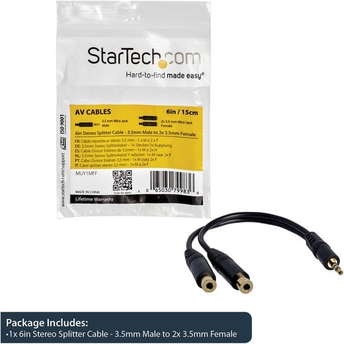 StarTech.com Stereo Splitter Cable - Phono Stereo 3.5mm (M) - Phono 2x Stereo (F) - 6in - Split a single headphone jack in