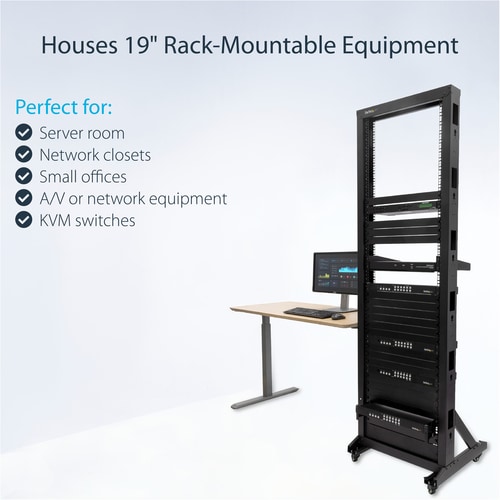 StarTech.com 2-Post 42U Mobile Open Frame Server Rack, Two Post 19in Network Rack with Casters, Rolling Open Rack for AV/D