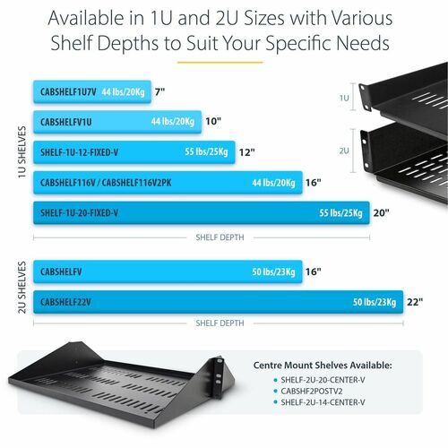 StarTech.com 1U Rack-mountable Rack Shelf for Rack, Networking - Black - SPCC, Steel - 19.96 kg Maximum Weight Capacity