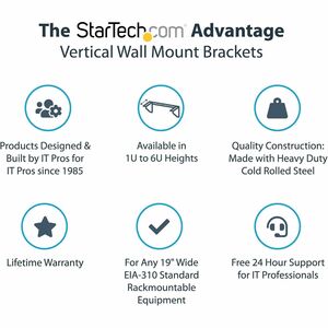 StarTech 3U 19" Wall Mount Vertical Rack Bracket, Patch Panel Wall Mount Bracket for AV/IT Equipment/Cabinet/Server Room, 