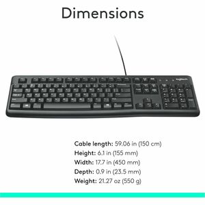 Logitech K120 Plug-and-Play USB Keyboard - Cable Connectivity - USB Interface - Rugged - English - PC - Black