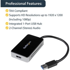 StarTech.com Adattatore scheda USB 3.0 a HDMI con hub USB a 1 porta - 1920x1200 / 1080p - 1920 x 1200 Supported - Nero