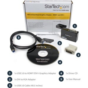 StarTech.com USB 3.0 to HDMIÂ® and DVI Dual Monitor External Video Card Adapter - 1 x 9-pin Type B USB 3.0 USB Male - 1 x 