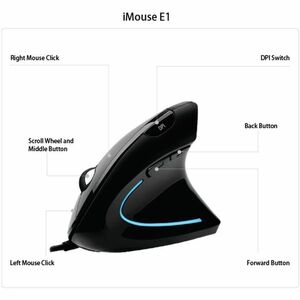 Adesso iMouse E1 Vertical Ergonomic Illuminated Mouse - Optical - Cable - Glossy Black - USB - 1600 dpi - Scroll Wheel - 6