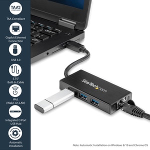 StarTech.com 3 Port Portable USB 3.0 Hub with Gigabit Ethernet Adapter NIC - 5Gbps - Aluminum w/ Cable - Add 3 external US