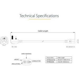 StarTech.com PXTNB2SUK1M Standard Power Cord - 1 m - United Kingdom - 3.3ft (1m) UK Laptop Power Cord BS 1363 to IEC C7 | 