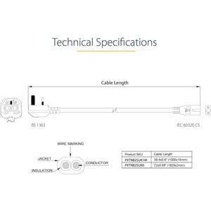 StarTech.com PXTNB2SUK1M Standard Power Cord - 1 m - United Kingdom - For Notebook - BS 1363 / IEC 60320 C7 - 0.75mm2 Gaug