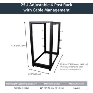 StarTech.com 4-Pfosten 25 HE Mobiles Open Frame Serverrack, 19" Netzwerk Rack, Rack für AV/IT; Rollen, Nivellierfüße oder 