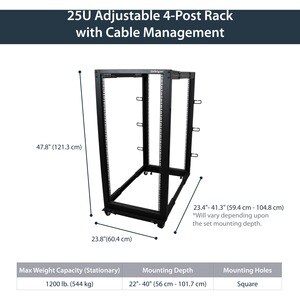 StarTech.com 25U Adjustable Depth Open Frame 4 Post Server Rack w/ Casters / Levelers and Cable Management Hooks - Steel, 