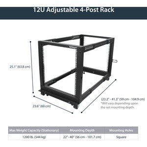 StarTech.com 12U Adjustable Depth Open Frame 4 Post Server Rack w/ Casters / Levelers and Cable Management Hooks - Steel, 