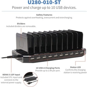 Tripp Lite by Eaton 10-Port USB Charger with Built-In Storage - 1 Each - 12 V DC Input - 5 V DC/2.40 A Output