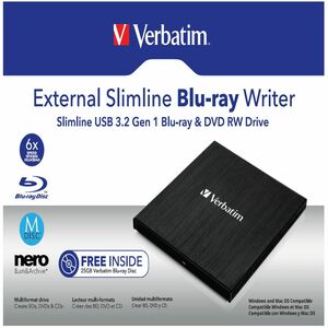 Masterizzatore Blu-ray Verbatim - Esterno - 1 Unità - Nero - BD-R, CD-R, DVD+R, DVD-R Supporto - 24x Scrittura CD - 6x Scr