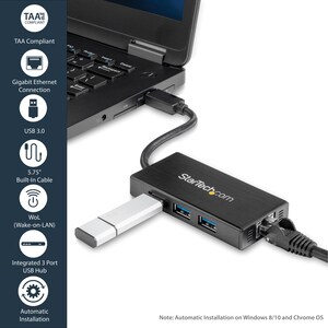StarTech.com 3 Port Portable USB 3.0 Hub with Gigabit Ethernet Adapter NIC - 5Gbps - Aluminum w/ Cable - USB 3.0 Type A - 