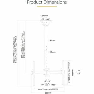 StarTech.com TV Ceiling Mount, Full-Motion Hanging Single Screen Vesa Mount for 32"-75" TVs / Displays - Height Adjustable